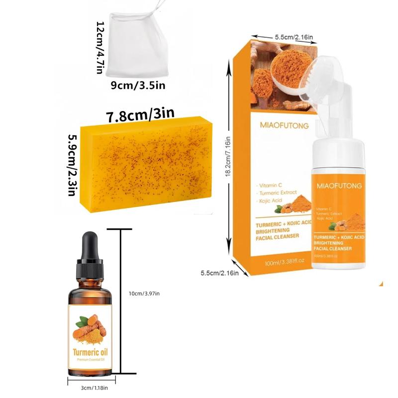 Turmeric Soap & Mousse Cleanser & Oil Set, 1 Set Deep Cleansing & Nourishing Skin Care Kit for Women & Men All Skin Types