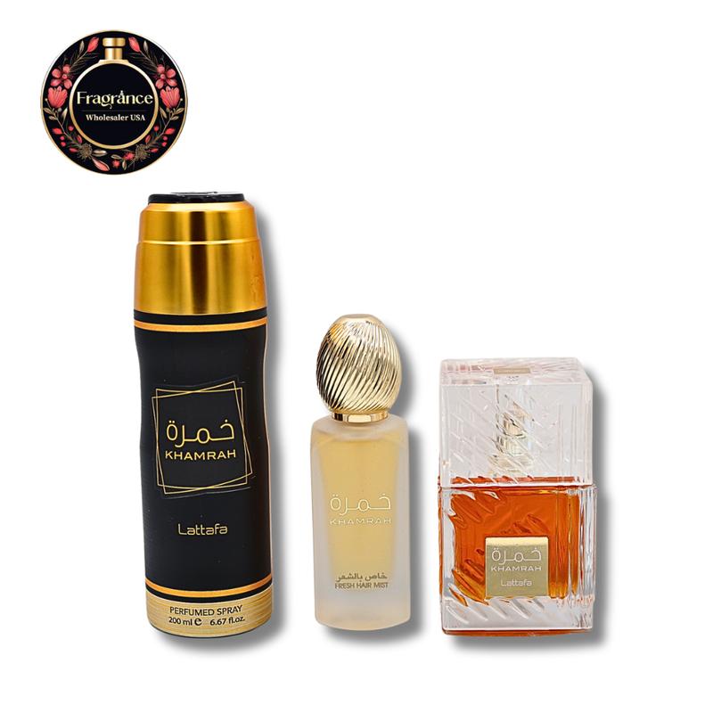 LATTAFA KHAMRAH GIFT SET EAU DE PARFUM 3.4FL.OZ, BODY SPRAY6.67FL.OZ & HAIR MIST