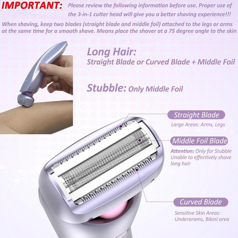 Electric Shaver for Women, 1 Count USB Rechargeable Waterproof Electric Body Shaver, Portable Painless Ladies Body Hair Trimmer for Arms Legs Waist Belly Bikini, Rechargeable & Battery Indicator