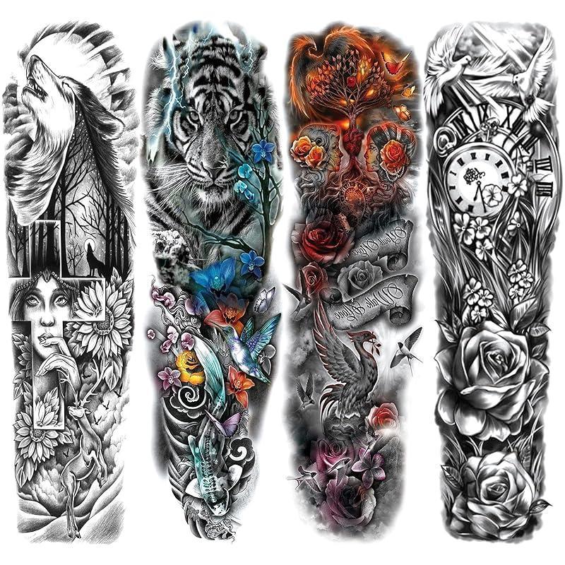 Trending! Lion Wolf Tribal Tattoo Sleeve - Large Full Arm! Animal Tribal Fake Tattoos Sleeve for Men and Women, Adult. Long Lasting Black Arm Temp Tatoo Sticker for Leg Art Makeup. 4-Sheet Set. Get a Bold and Dramatic Tattoo Look!