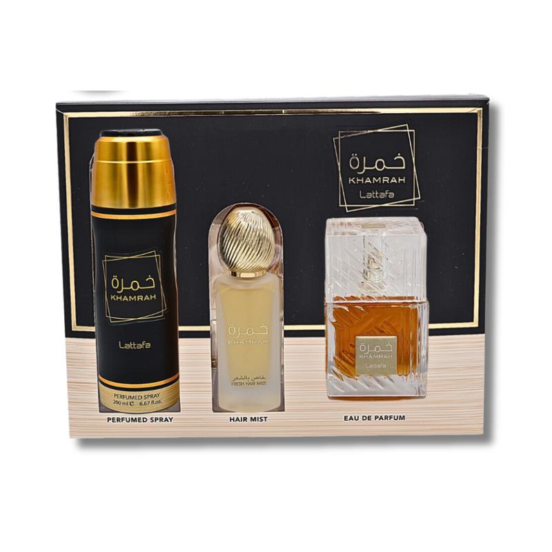 LATTAFA KHAMRAH GIFT SET EAU DE PARFUM 3.4FL.OZ, BODY SPRAY6.67FL.OZ & HAIR MIST