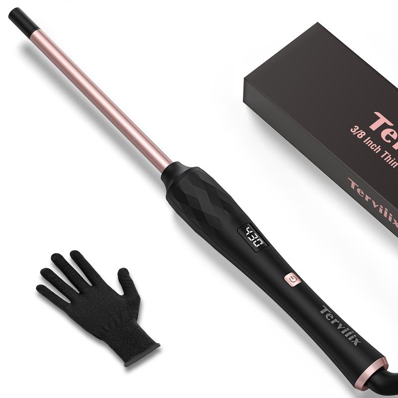 Terviiix Small Barrel Curling Iron Wand, 3 8 Inch Thin Curling Wand Iron, Argan Oil and Keratin Infused Ceramic Curler with Digital Adjustable Temperature & Auto-Off, 9mm