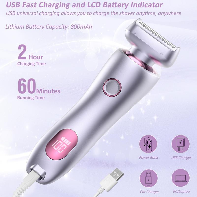 Electric Shaver for Women, 1 Count USB Rechargeable Waterproof Electric Body Shaver, Portable Painless Ladies Body Hair Trimmer for Arms Legs Waist Belly Bikini, Rechargeable & Battery Indicator