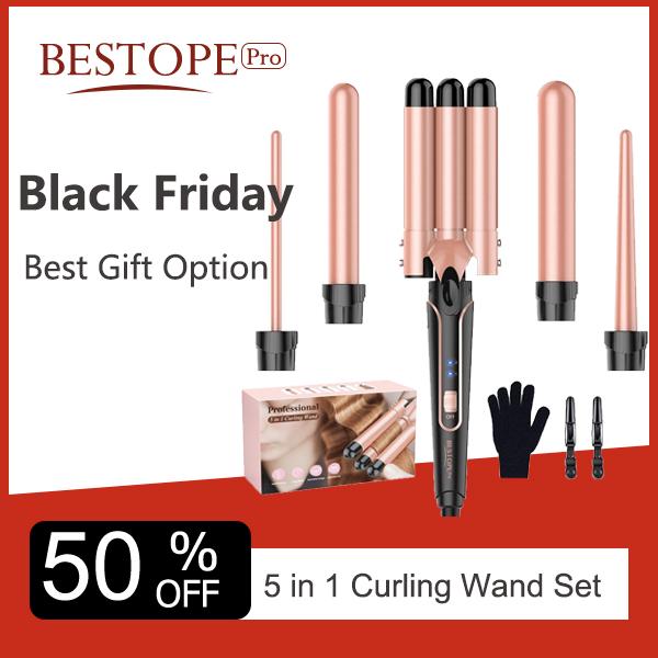 BESTOPE PRO Waver Curling Iron Wand, BESTOPE PRO 5 in 1 Curling Wand Set with 3 Barrel Hair Crimper for Women, Fast Heating Hair Wand Curler in All Hair Type   end trimmer Adjustable Comfort