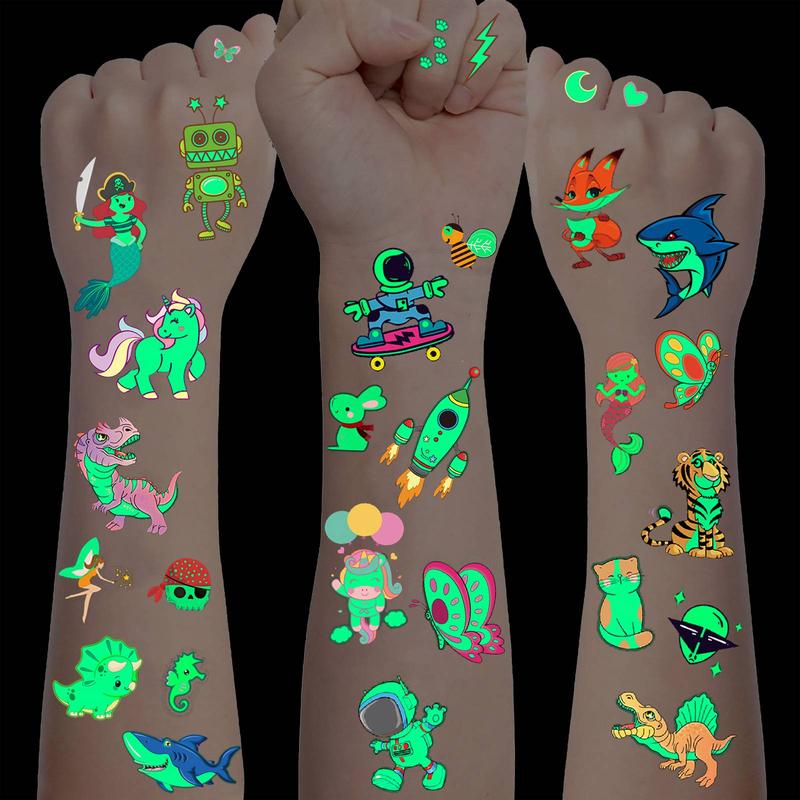 Cartoon Animal Pattern Temporary Tattoo Sticker, 20pcs Glow in The Dark Tattoo Decals, Creative Body Art Sticker for Party, Teens & Adults, Christmas Gift