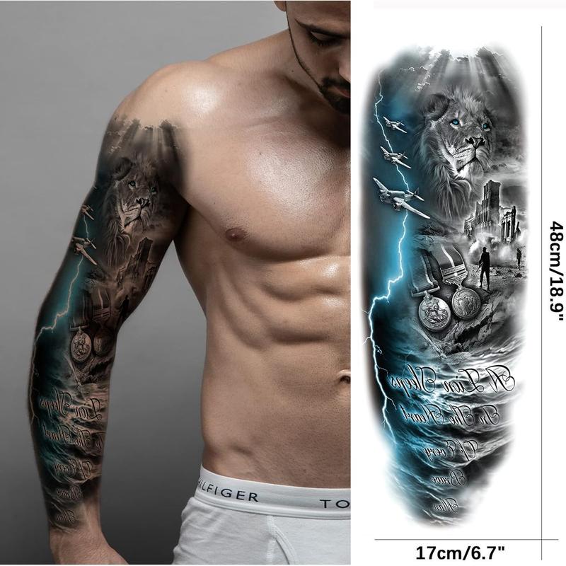 Trending! Lion Wolf Tribal Tattoo Sleeve - Large Full Arm! Animal Tribal Fake Tattoos Sleeve for Men and Women, Adult. Long Lasting Black Arm Temp Tatoo Sticker for Leg Art Makeup. 4-Sheet Set. Get a Bold and Dramatic Tattoo Look!