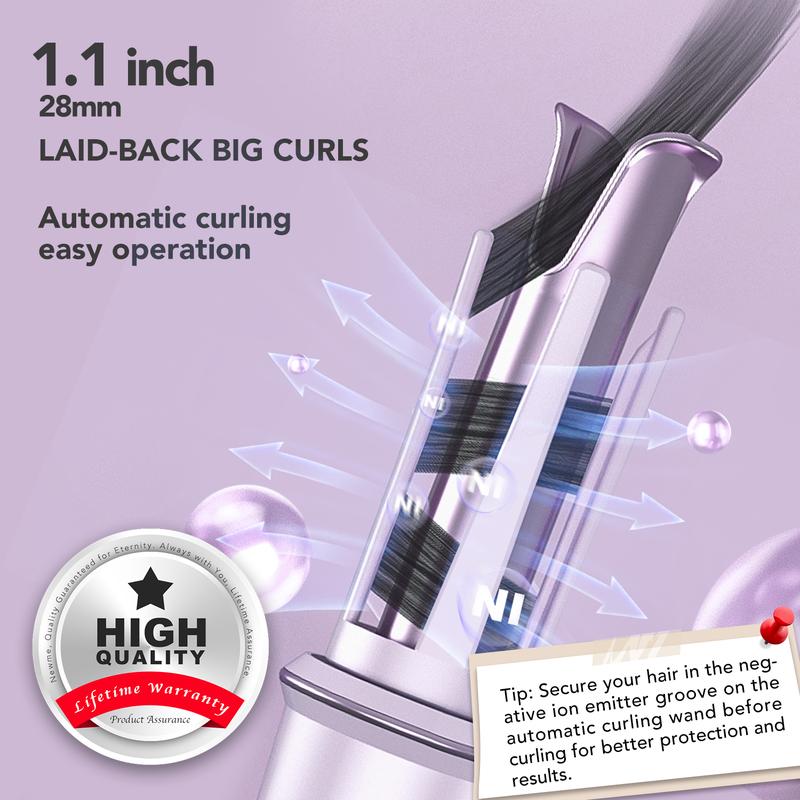 Newme Purple Ice Cream Curling Iron: 1.1 (28mm) inch Auto Curler for Beach Waves, with Fast Heat-up - Negative Generator, Anti-Scald Function, Professional Safety Curler, Ice Cream Cone Culer, Adjustable Temp & Timer Reminder, rizador