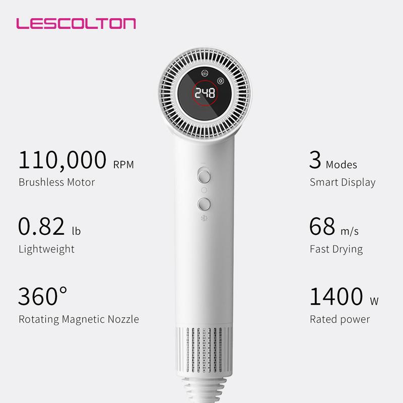 LESCOLTON Hair Dryer, Lightweight Ionic Blow Dryer 1400W Powerful High Speed, Diffuser & LED Display, 3 Air Speeds for Fast Drying, for Home Travel.christmas gift.thanksgiving gift