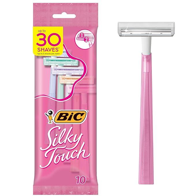 BIC Silky Touch Women's Disposable Razors, With 2 Blades, Pretty Pastel Razor Handles, 10 Count Pack of Shaving Razors