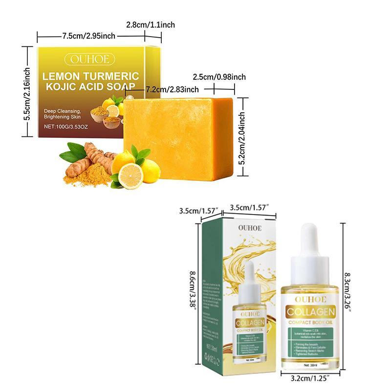 Lemon Turmeric Collagen Soap & Body Oil Set, Deep Cleansing Skin Exfoliating Body Care Set, Body Care Products for Women & Men