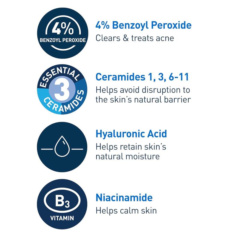 CeraVe Acne Foaming Cream Cleanser, 4% Benzoyl Peroxide Face Wash With Hyaluronic Acid, Niacinamide & Ceramides, Gentle Daily Acne Treatment For Face, Acne Skin Care That Helps Clear & Prevent Acne