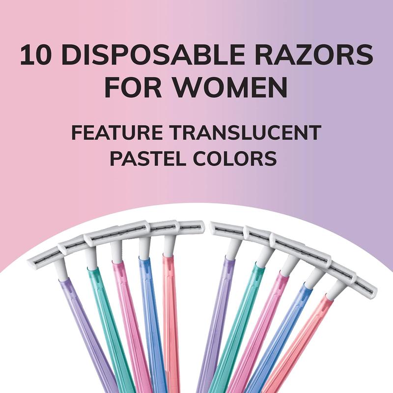 BIC Silky Touch Women's Disposable Razors, With 2 Blades, Pretty Pastel Razor Handles, 10 Count Pack of Shaving Razors