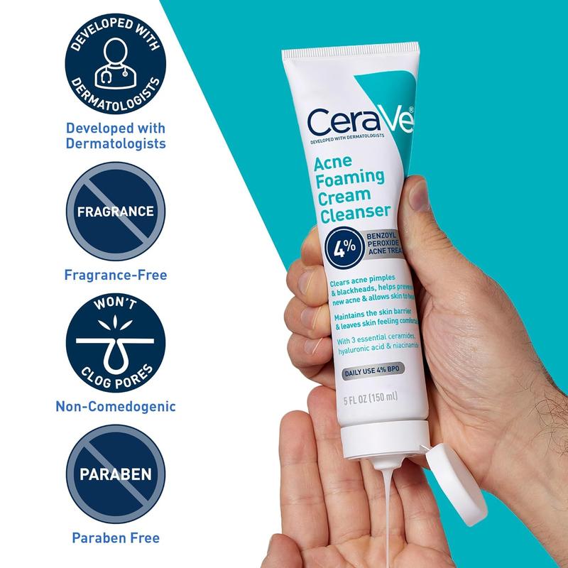 CeraVe Acne Foaming Cream Cleanser, 4% Benzoyl Peroxide Face Wash With Hyaluronic Acid, Niacinamide & Ceramides, Gentle Daily Acne Treatment For Face, Acne Skin Care That Helps Clear & Prevent Acne