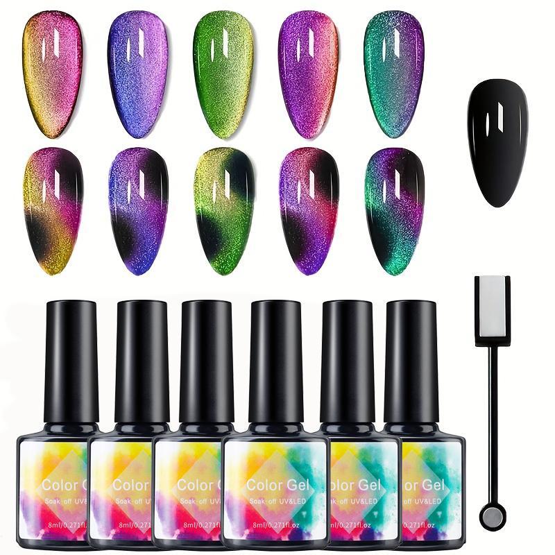 Cat Eye Gel Nail Polish, 6 Counts Creative Color Nail Polish & 1 Count Suction Stone, Color Changing Nail Polish Gift, Nail Art & Nail Polish for Women & Girls