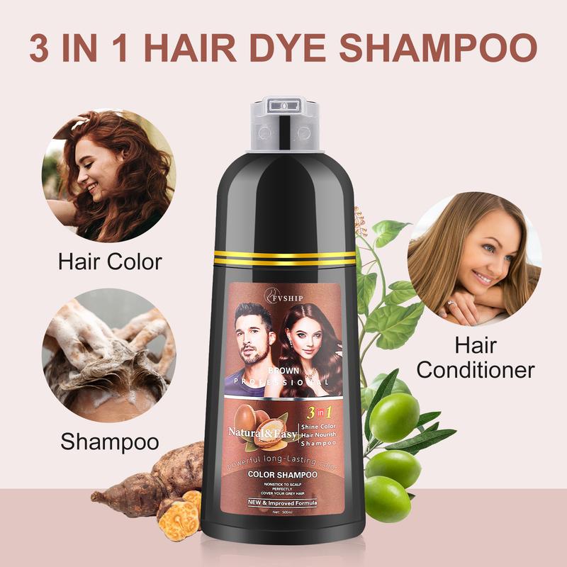 FVSHIP Brown Hair & Black Hair Dye Shampoo 3 in 1 + 99.99% Gray Hair Coveragefor Instant Hair Color Shampoo for Gray Hair Coverage Herbal Chestnut Brown & Wine red Hair Dye Shampoo Men Women 500ml