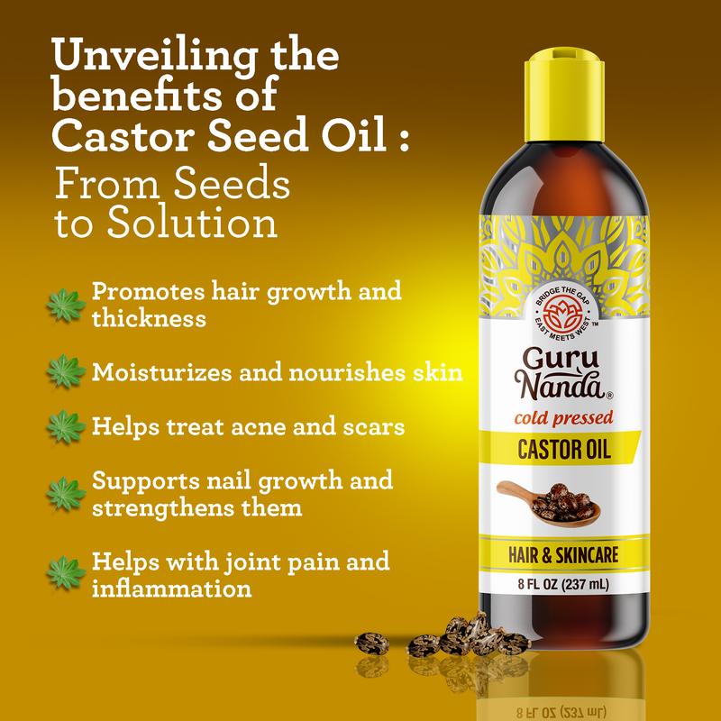 GuruNanda Castor Oil - Pure Cold Pressed & Hexane Free for Hair, Nails Eyebrows & Eyelashes - Skin Moisturizer - 8 oz