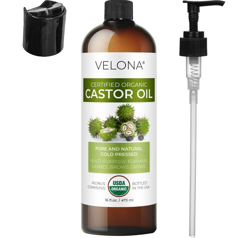 velona USDA Certified Organic Castor Oil - 16 fl oz (With Pump) | For Hair Growth, Boost Eyelashes, Eyebrows | Cold pressed, Natural Oil, USP Grade | Hexane Free, Lash Serum, Caster