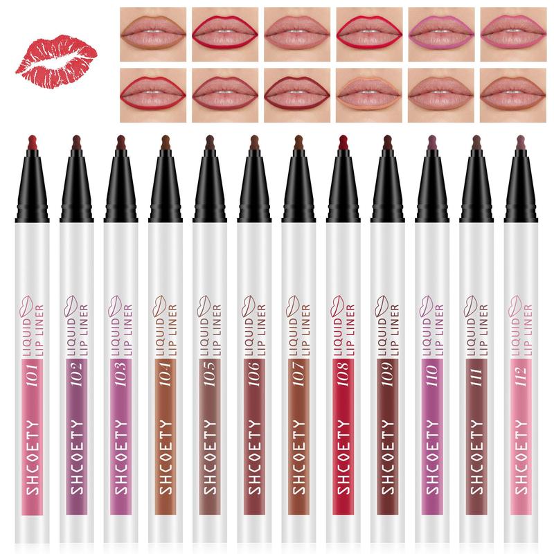 Matte Finish Liquid Lip Liner Set, 12pcs set Easy Coloring Lip Liner Pen, Moisturizing Lip Liners Lip Gloss Lipstick, Suitable for All Occasions Lip Makeup Products