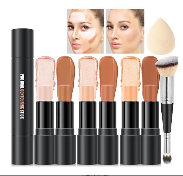 6 Colors Cream Contour Sticks Makeup Kit, Primer Face Highlighter Contouring for Beginners, Highlight and Contour Kit, Cream Concealer Makeup Blur Stick, Primer Face Corrector (SET A) Bronzer Waterproof Blend Brush