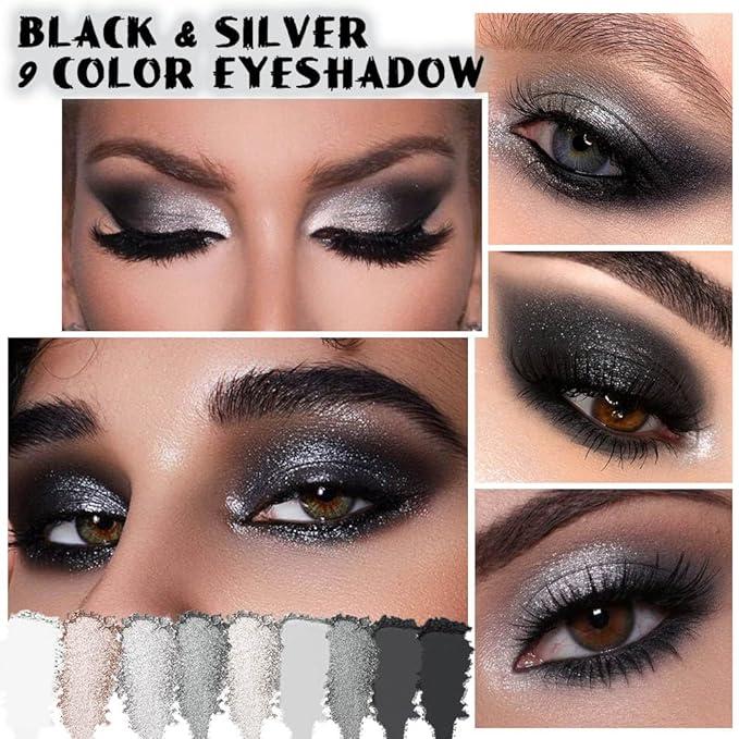 Black Silver Gray Smokey Eyeshadow Palette,Black and White and Sparkly Eye Shadow,Highly Pigmented Black Smokey Radiance Eyeshadow Palette,Long Lasting Waterproof Blendable Womens Eyeshadow Dark