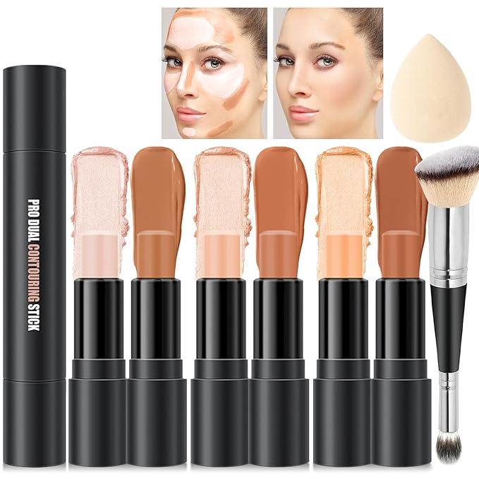 6 Colors Cream Contour Sticks Makeup Kit for Beginners, Highlight and Contour Kit with Primer Face Corrector