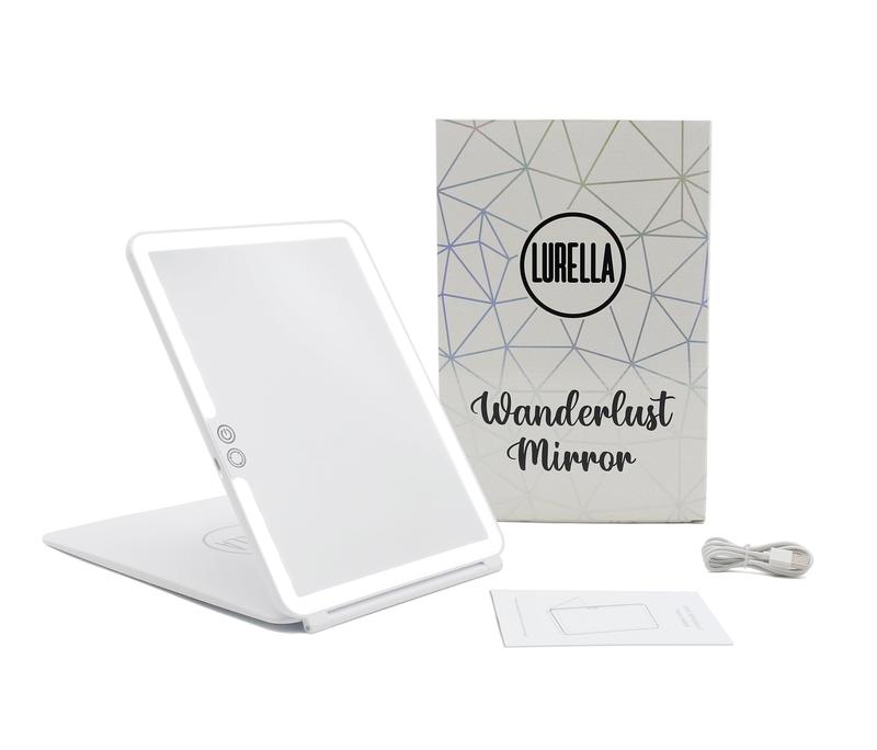 Wanderlust Mirror with Touch Sensors and Dimmable LED Lights for Travel, Rechargeable and Angle Adjusting Lid Stand