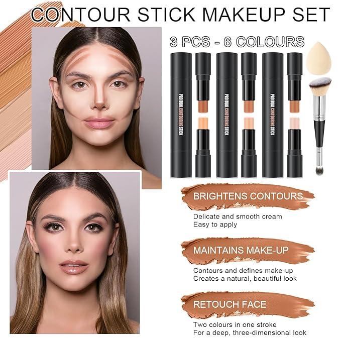 6 Colors Cream Contour Sticks Makeup Kit for Beginners, Highlight and Contour Kit with Primer Face Corrector