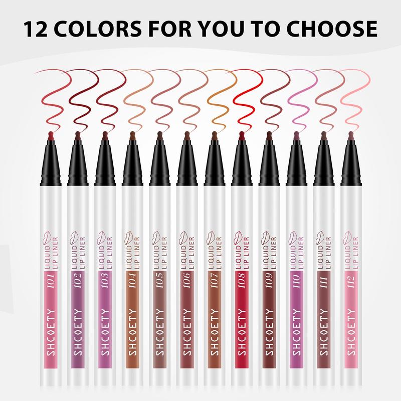 Matte Finish Liquid Lip Liner Set, 12pcs set Easy Coloring Lip Liner Pen, Moisturizing Lip Liners Lip Gloss Lipstick, Suitable for All Occasions Lip Makeup Products