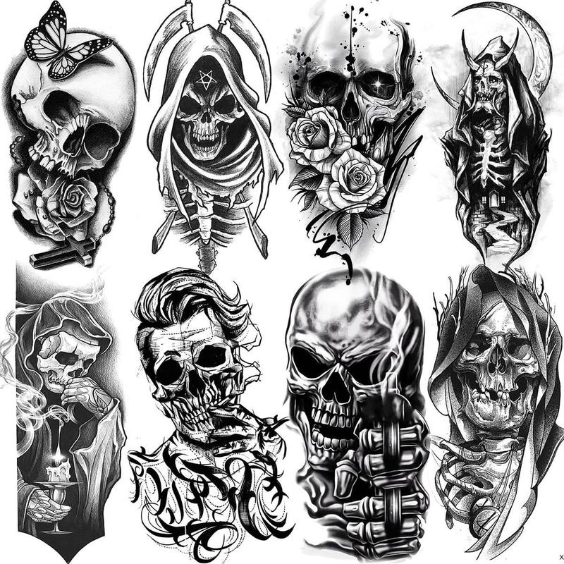 8pcs Skull Pattern Temporary Tattoo Sticker, Waterproof Fake Tattoo Sticker for Men & Women, Realistic Tattoo Stickers for Adults, Body Art Sticker, Realistic Tattoo for Parties