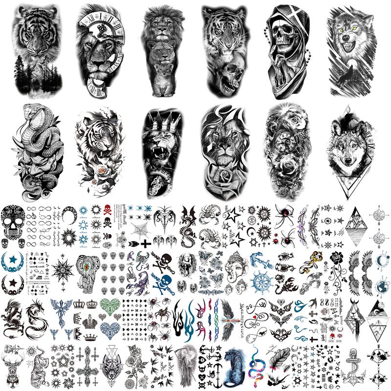 76 Large Black Temporary Tattoo Stickers, Forearm Designs Including Tribal Wolves, Tigers, Lions, Snakes, Skulls, Halloween Temporary Fake Tattoo Stickers, 12 Fake Tattoo Stickers for Men's or Women's Arms Chest Shoulder, 64Tiny Black Tattoo Stickers