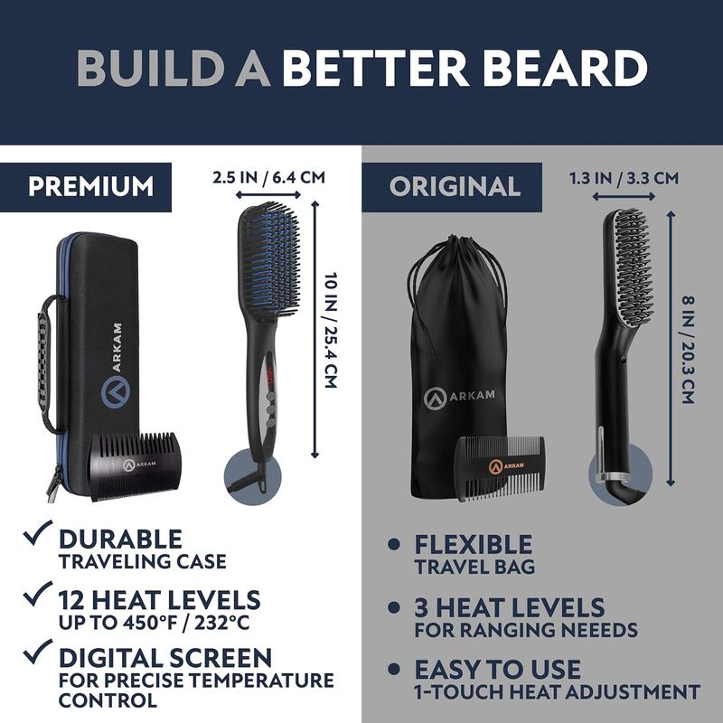 Beard Straightener for Men -Premium Heated Beard Brush Kit w Anti-Scald Feature, Dual Action Hair Comb Case for Medium to Long Beards Gift Comfort