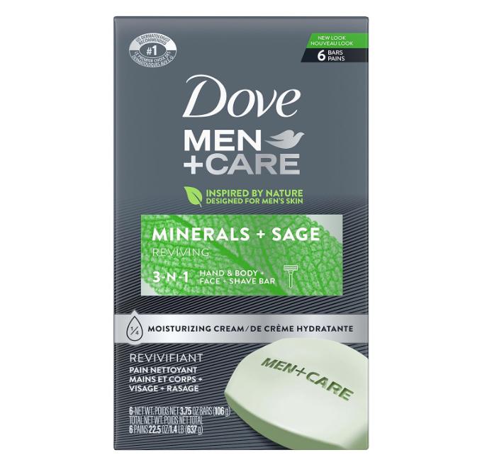 DOVE MEN + CARE Body and Face Bar Minerals + Sage 6 Bars to Hydrate Skin More Moisturizing Than Bar Soap 3.75 oz