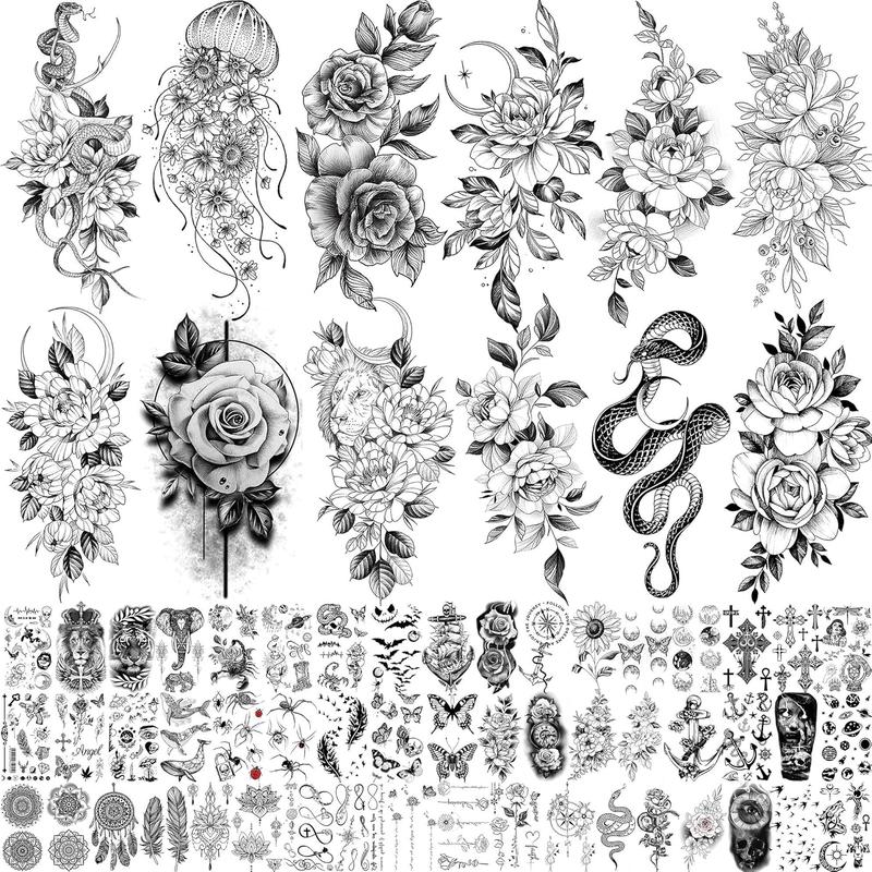 64 Sheets Long Lasting Flower Temporary  Tattoos For Women Arm , Jellyfish Sunflower Moon Rose For Adults Girl, 3D Temp Realistic Snake  Stickers Serpent Peony Floral