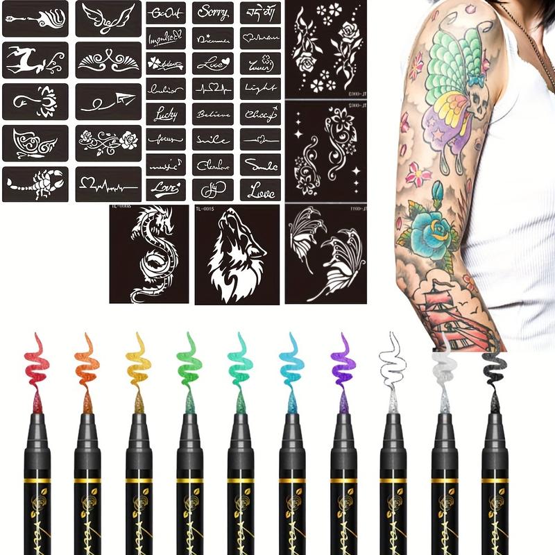 10 PCs Temporary Tattoo Pen +39 One Template Set, DIY Temporary Tattoo Pen, Lasting Color, Create the Body Art You Have Always Wanted, Suitable for Special Occasions, Parties, Festivals, Sports Events, Halloween, Etc, improve Your Style Perfectly