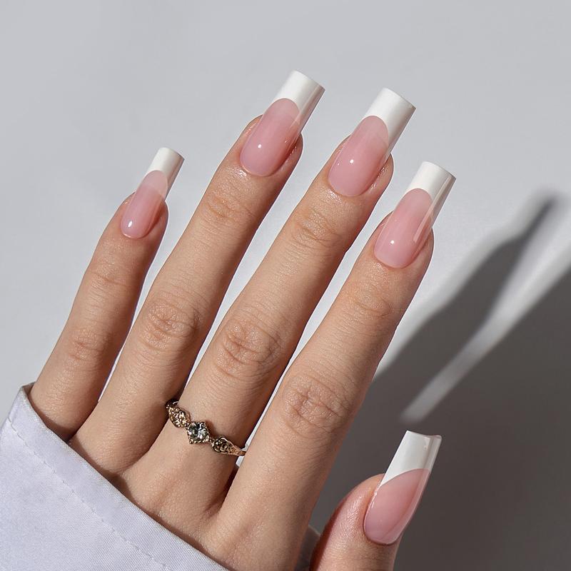 btartboxnails XCOATTIPS French Tip Press on Nails - Square or Almond or Coffin Pink French Press On Nails , 43.99$ Pink Long Fake Nails Kit with UV Glue, Nails Lamp, All in One Soak Off Acrylic Fake Nail Extension