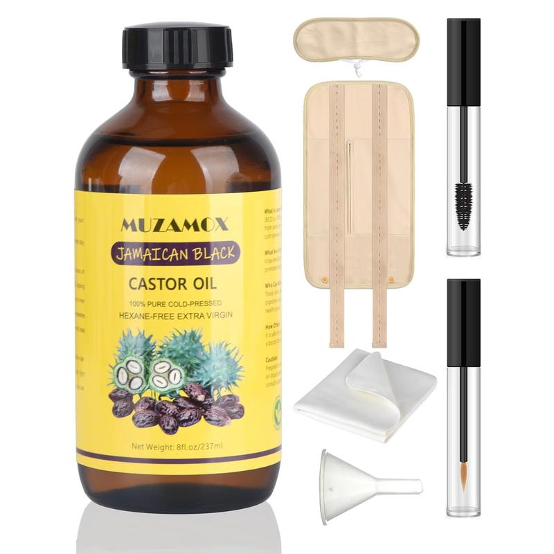 MUZAMOX Jamaican Black Castor Oil Organic Cold Pressed Unrefined Glass Bottle for Body Moisturizer, Eyelashes and Eyebrows, and Castor Oil Packs for (8fl.oz 237ml)