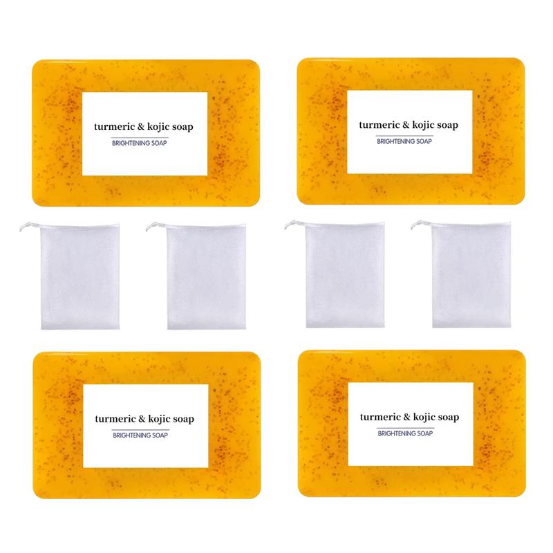 Turmeric & Kojic Acid Brightening SoapBar (4counts), Deep Cleansing Soap forMen & Women, Daily Skincare CleanserSet with Soap Saver Bag