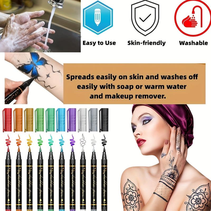 10 PCs Temporary Tattoo Pen +39 One Template Set, DIY Temporary Tattoo Pen, Lasting Color, Create the Body Art You Have Always Wanted, Suitable for Special Occasions, Parties, Festivals, Sports Events, Halloween, Etc, improve Your Style Perfectly