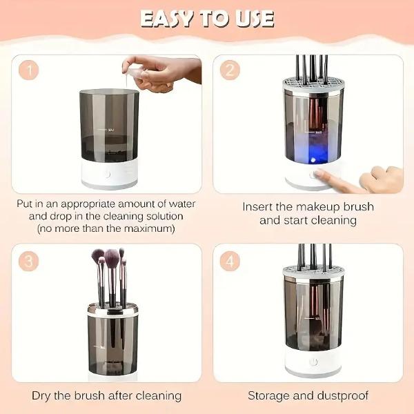 Electric Makeup Brush Cleaner Machine, Portable USB Rechargeable, Quick Drying, Universal Rubber Collars, For All Size Brushes, Home And Travel Use, for Makeup Lovers & Professionals, Deep Cleaning with No Dead Spots