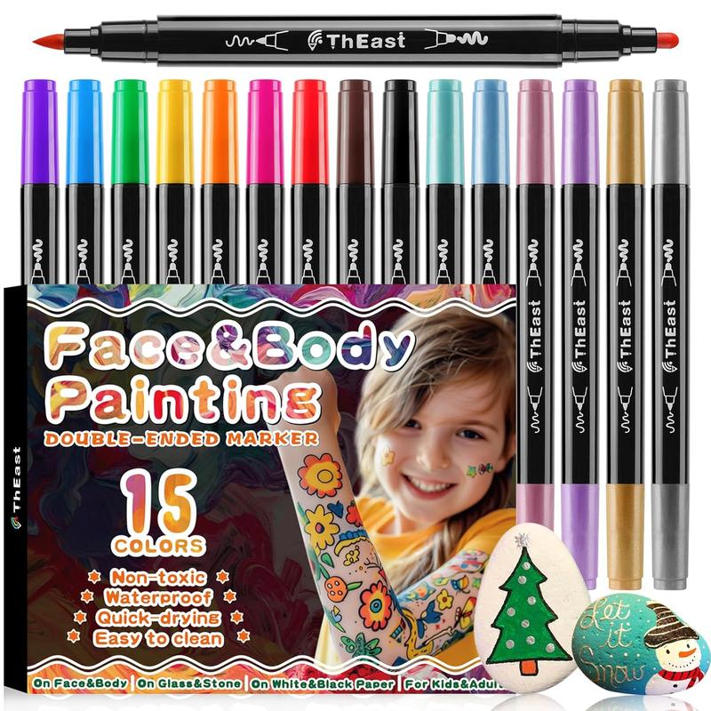 15 Colors Face  Markers, Dual Tip Temporary Tattoo Pens for Skin, Washable Face Body Painting Kit for Kids, Cosplay Makeup Party Favors Kids Stocking Stuffers