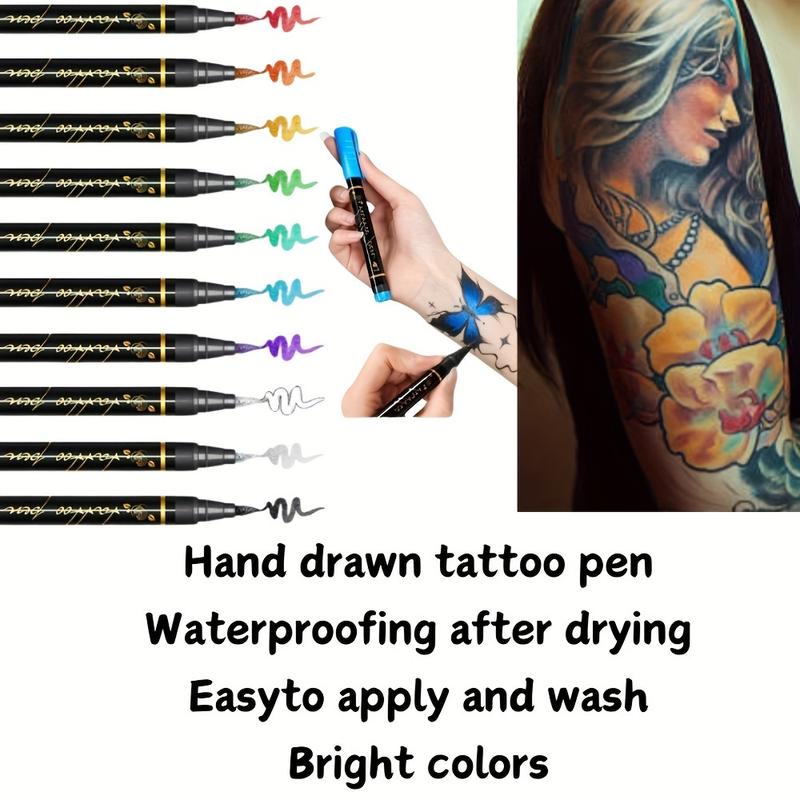 10 PCs Temporary Tattoo Pen +39 One Template Set, DIY Temporary Tattoo Pen, Lasting Color, Create the Body Art You Have Always Wanted, Suitable for Special Occasions, Parties, Festivals, Sports Events, Halloween, Etc, improve Your Style Perfectly