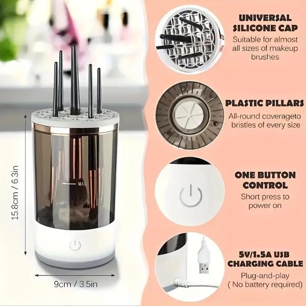 Electric Makeup Brush Cleaner Machine, Portable USB Rechargeable, Quick Drying, Universal Rubber Collars, For All Size Brushes, Home And Travel Use, for Makeup Lovers & Professionals, Deep Cleaning with No Dead Spots