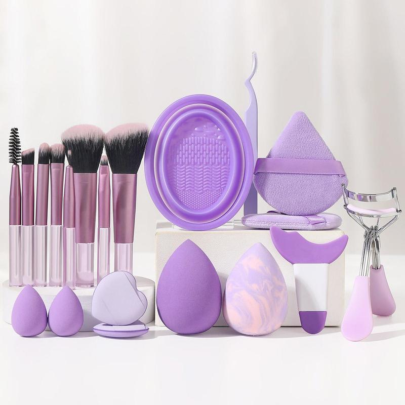 Makeup Tools Kit, Makeup Brush & Beauty Blenders & Eyebrow Template & Lash Curler & Makeup Puffer & Cleaning Bowl & Tweezers, All in One for Beginners