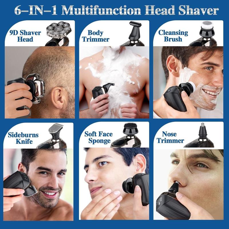 6 in 1 Electric Head Shaver, 1 Box Waterproof Wet Dry Grooming Shaver & Accessories, Cordless Rechargeable Bald Head Razor for Home & Travel Gift, Multifunctional Epilator for Christmas Gift, Winter & New Year Gift, Stocking Fillers