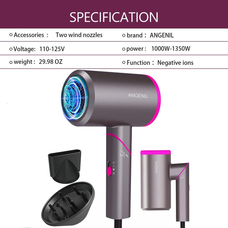 Professional Ionic Hair Dryer, 1 Box Fast Drying Low Noise Blow Dryer with Concentrator Nozzle & Diffuser Attachments for Home Salon Travel