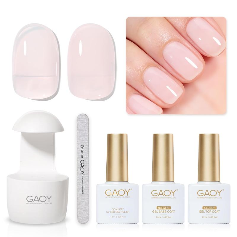 GAOY 3 Pcs Gel Nail Polish Kit with Mini UV Light, Include Milky Pink Sheer Gel Polish, Base Coat and Top Coat, Gel Manicure Kit for Nail Art DIY