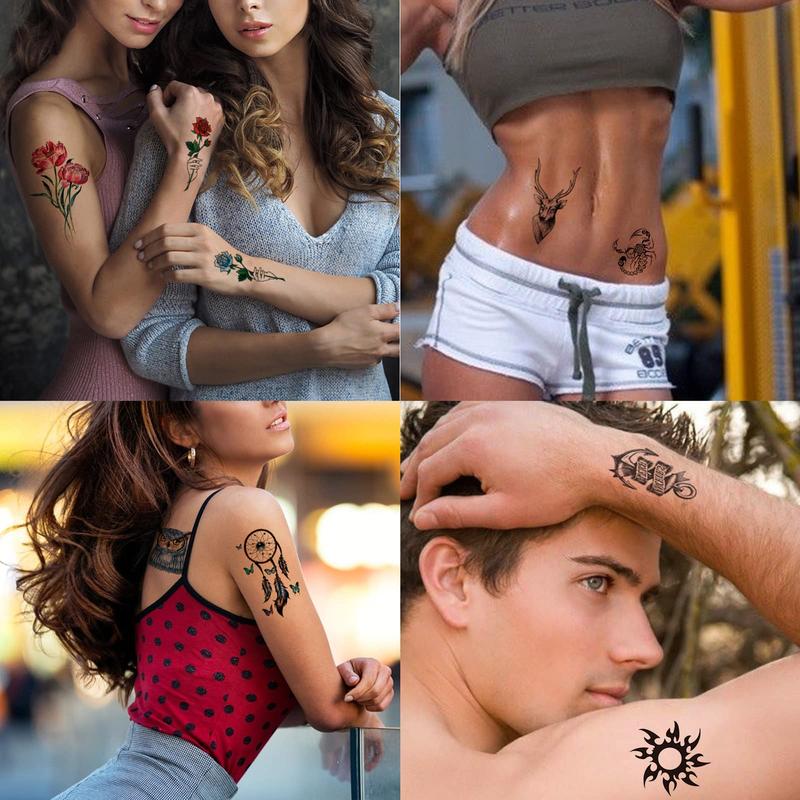 80 Sheets Temporary Tattoos Stickers, Fake Body Arm Chest Shoulder Tattoos for Men and Women, Halloween Temporary Tattoos Black Fake Skull Skeleton Tattoos for Halloween Cosplay