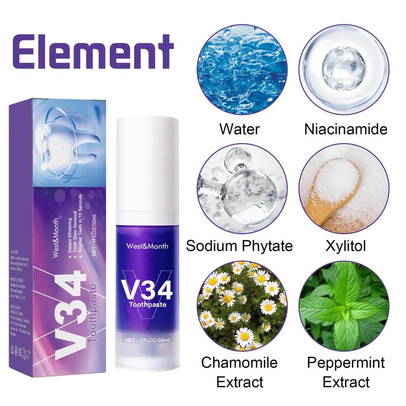 V34 Purple Toothpaste forTeeth Whitening ,Purple Toothpaste Whitening,smilekit V34 ColorCorrector Serum, Stain Removing smilekit 30-90ML Oral Restore