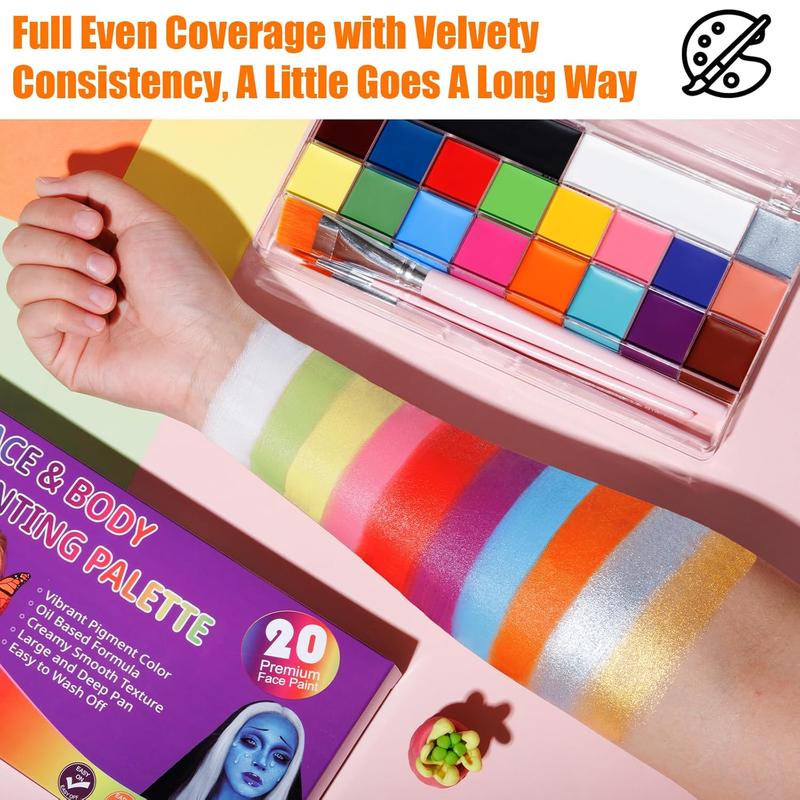 Face Body Paint Kit, 20 Colors Oil Based Painting Palette with 4 Professional Artist Brushes, Large Deep Pan Face Painting Kit Ideal for Halloween SFX Cosplay Costume Makeup