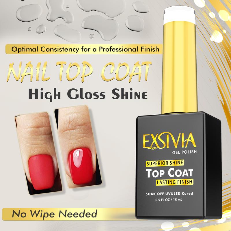 EXSIVIA Nail Gel Top Coat and Base Coat Strengthener, Vitamin E Infused High Endless Glossy Shine, No Wipe, Chip Resistant, Soak Off LED UV Lamp